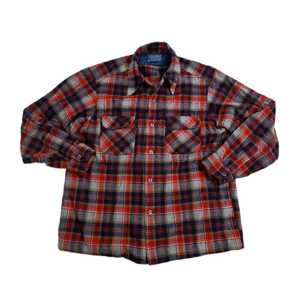 Pendleton Vintage Men's Large Plaid Red Blue Virgin Wool Button Up Shirt